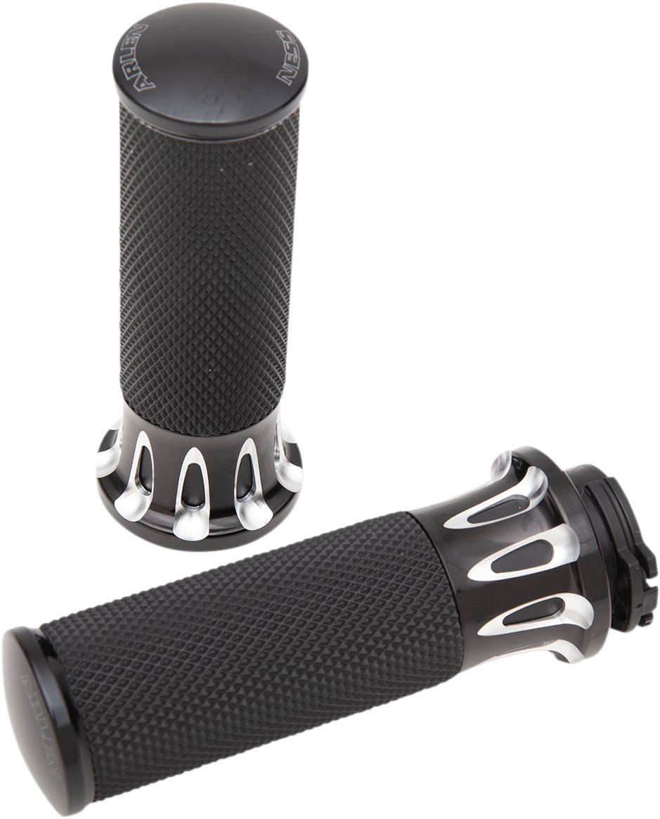 Arlen Ness Grips Deep Cut Fusion Throttle By Cable Black Grips - Deep