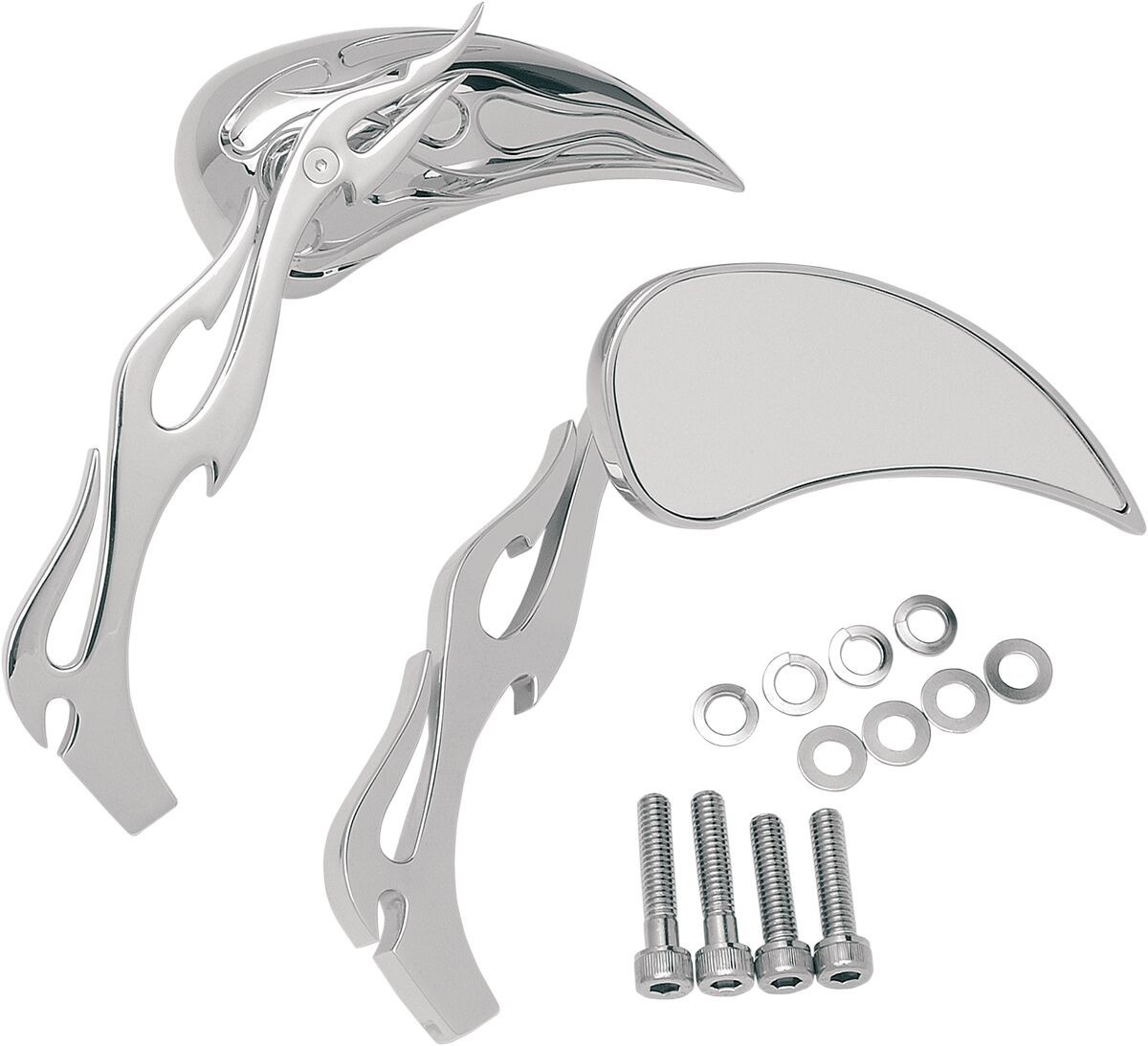 Drag Specialties Mirror Kit Flame Teardrop W/ Flame Stems Chrome Mirro