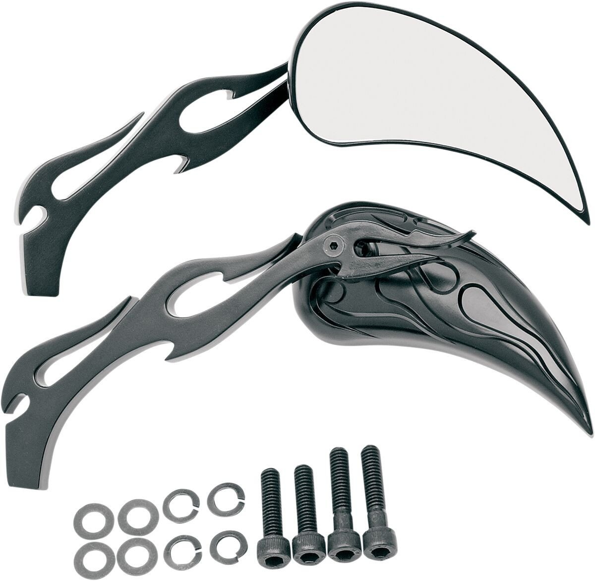 Drag Specialties Mirror Kit Flame Teardrop W/ Flame Stems Black Mirror