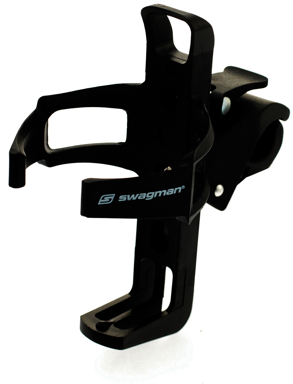 Can & cup holder, black plastic, with clamp for handlebar & frame tube