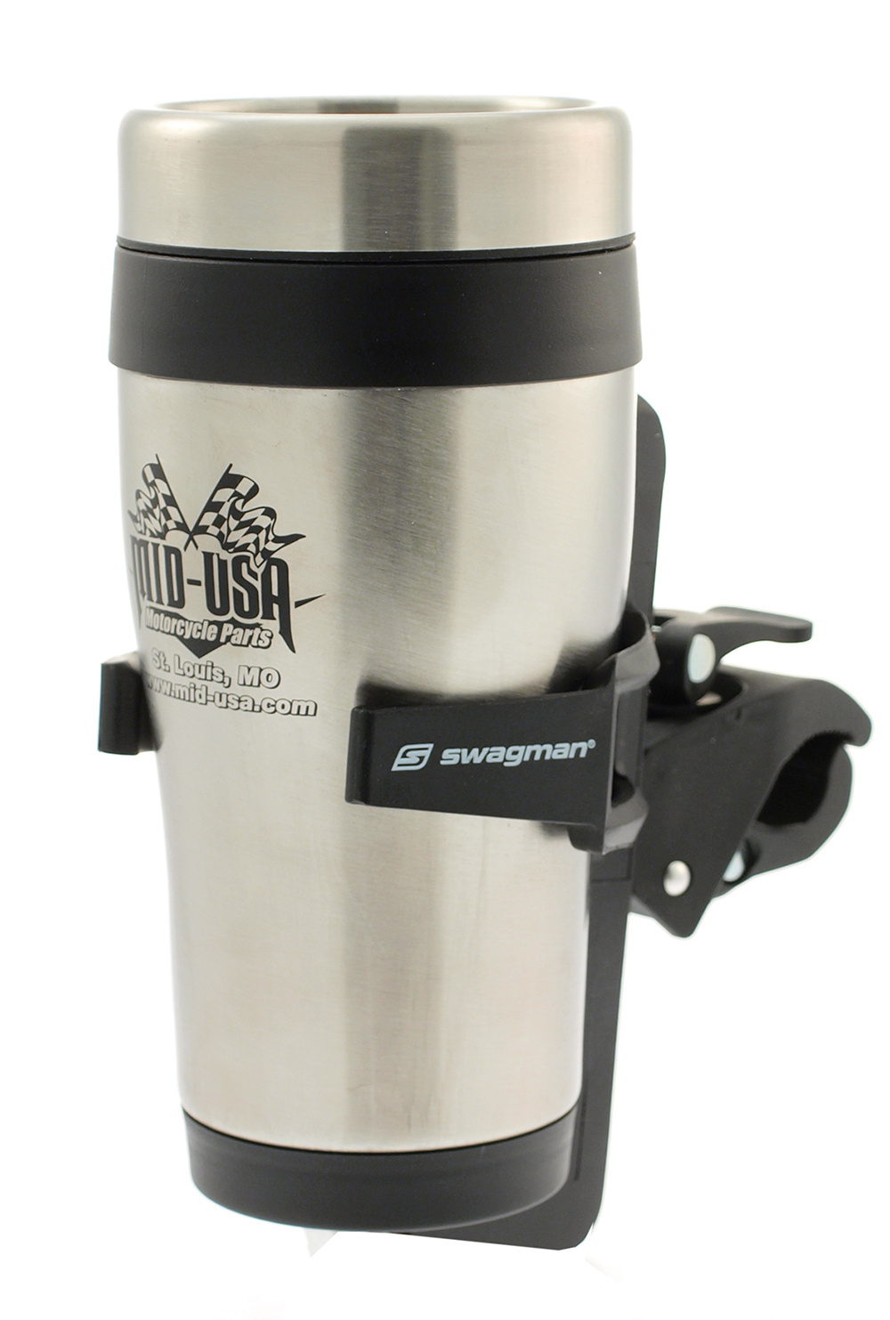 Can & cup holder, black plastic, with clamp for handlebar & frame tube