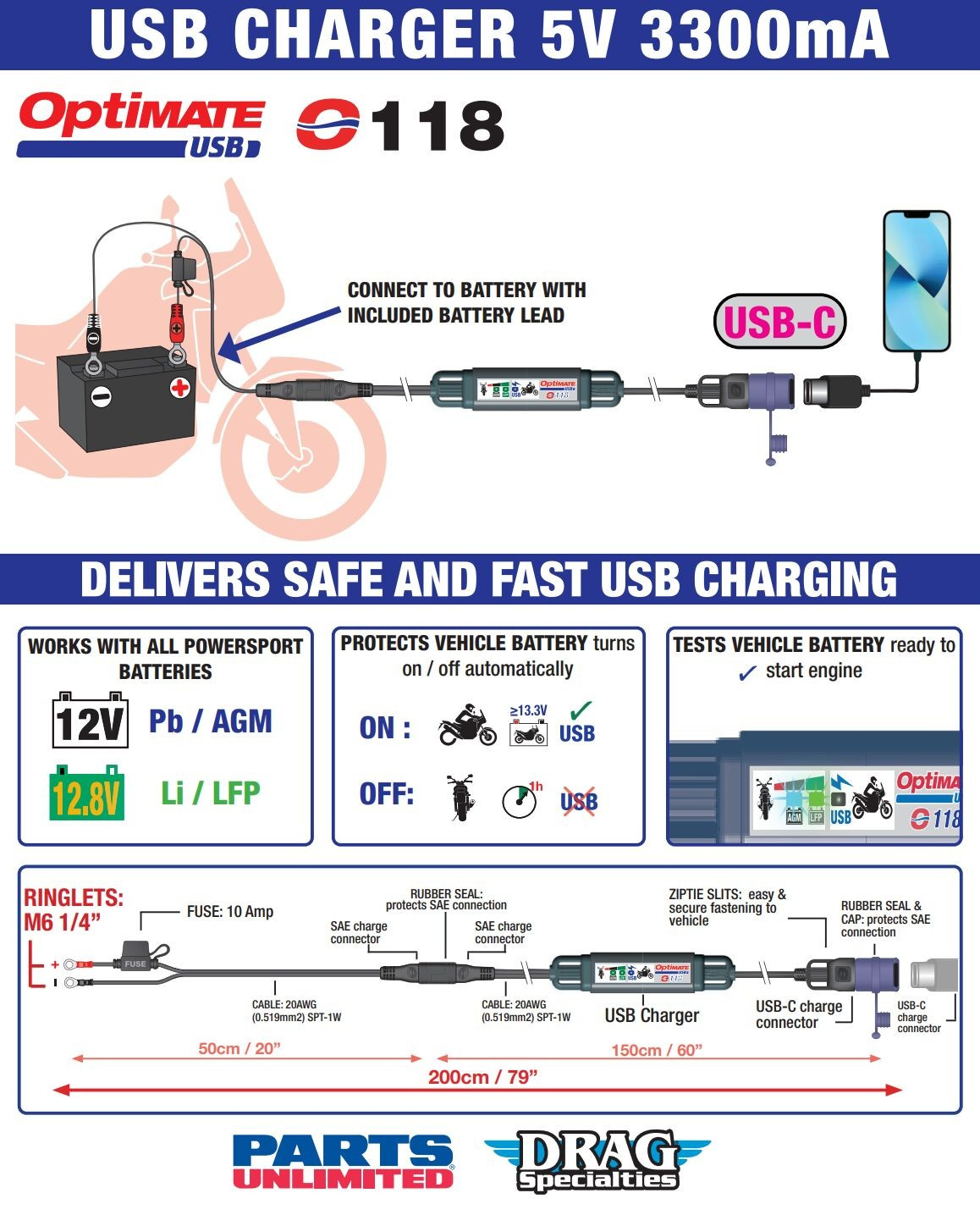 Tecmate Charger Usb-C 3.3A Sae Charger Usb-C 3.3A Sae