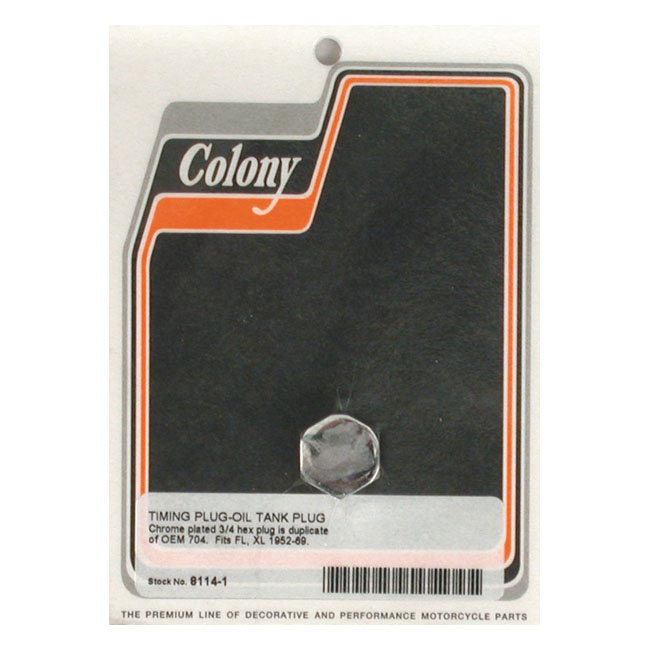 Colony, Timing/Drain Plug. Hex Head. Chrome Timing Plug: 38-99 B.T. (E