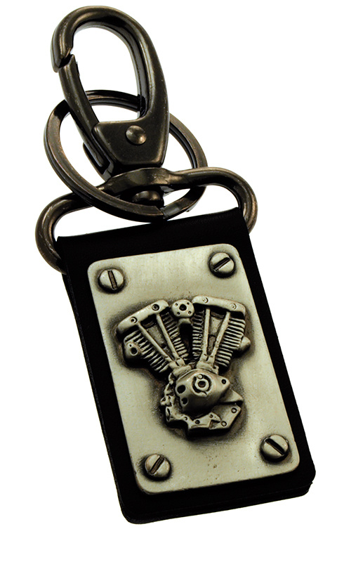 Nyckelring, Shovelhead i silver/patina, nitad p� l�der med karbinhake