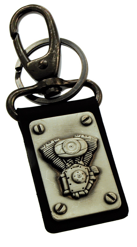 Nyckelring, Twin Cam i silver/patina, nitad p� l�der med karbinhake