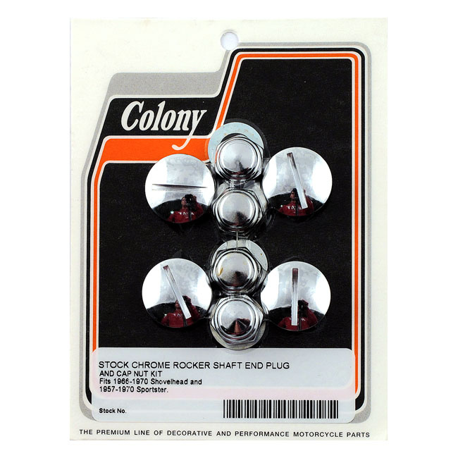 Colony, Rocker Shaft Plug & Nut Kit. Slotted. Chrome 66-E71 Shovelhead