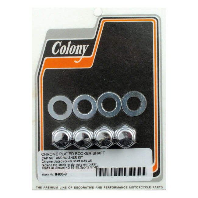 Colony, Rocker Shaft End Nut Set. Cap Style, Chrome 66-84 Shovelhead,