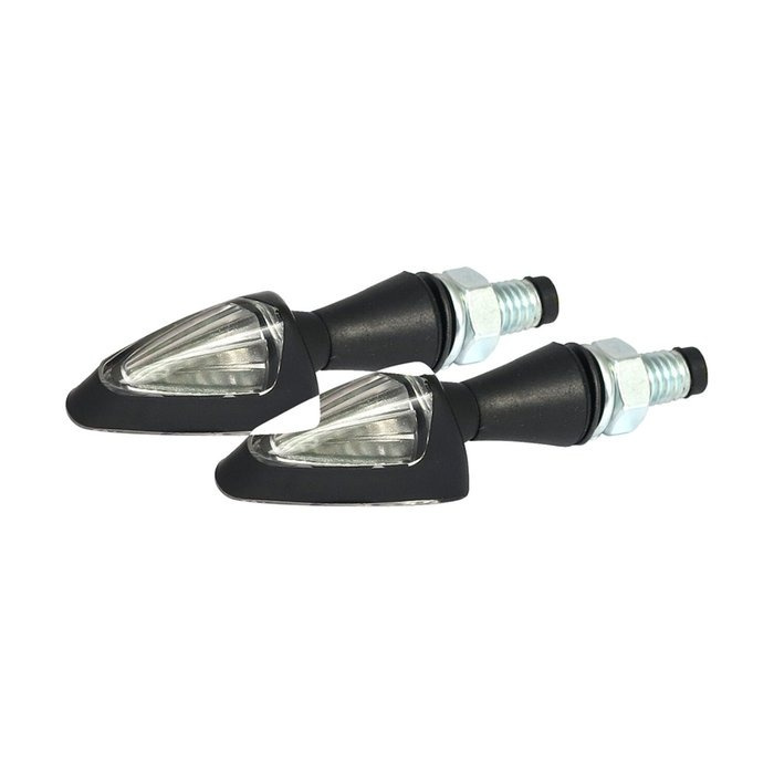 Black peak, LED turn signals. Black. Clear lens