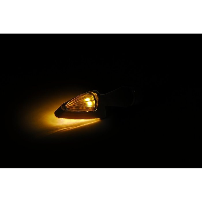 Black peak, LED turn signals. Black. Clear lens