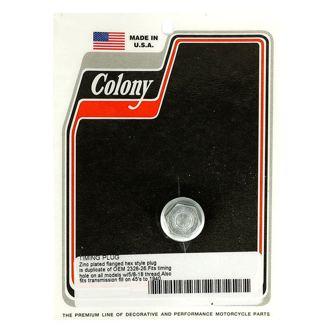 Colony, Timing/Drain Plug. Oem Style Hex. Zinc Timing Plug: 38-99 B.T.