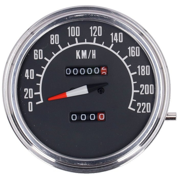 FL speedometer, ''74-84 face'', black. 2:1 kmh  With 5/8-18 threaded s