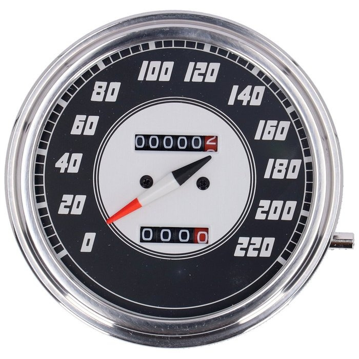 FL speedometer, ''46-47 face'', silver/black. 2:1 kmh  With 5/8-18 thr