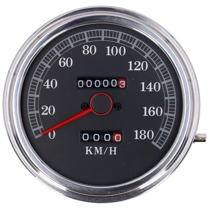 FL speedometer, ''85-up face'', black. 2:1 kmh  With 5/8-18 threaded s