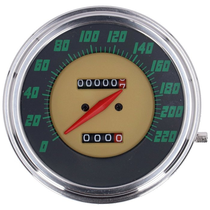 FL speedometer, ''48-61 face'', green. 1:1 kmh  With 5/8-18 threaded s