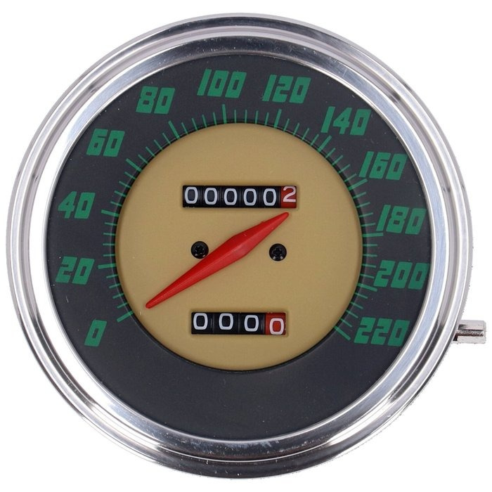 FL speedometer, ''48-61 face'', green. 2:1 kmh  With 5/8-18 threaded s