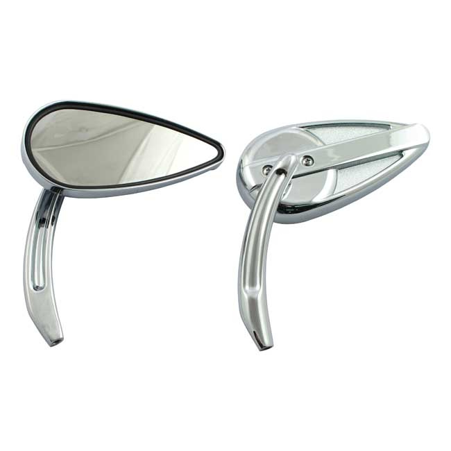 Retro Teardrop Mirror Set. Chrome, Aluminum Grooved Stem 65-Up H-D