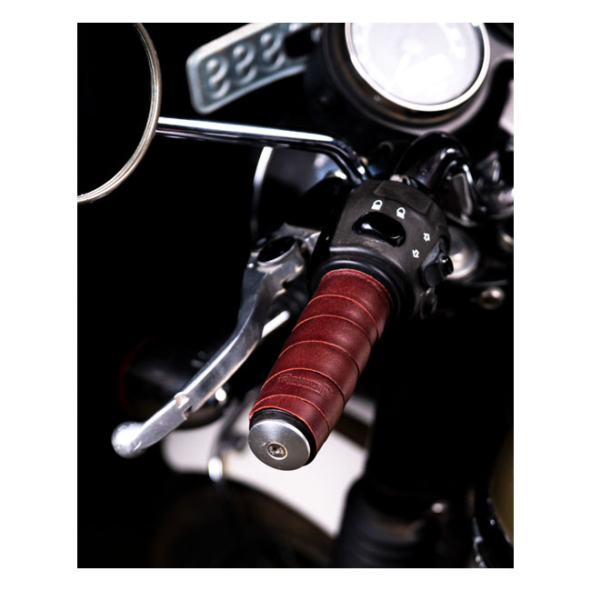Trip Machine, Leather Handlebar Grip Wraps. Cherry Red Universal Handl