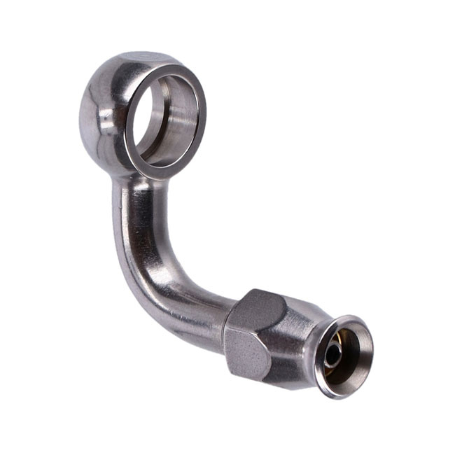Goodridge, 7/16 (11mm) banjo fitting 90 degree bend. SS  High polished